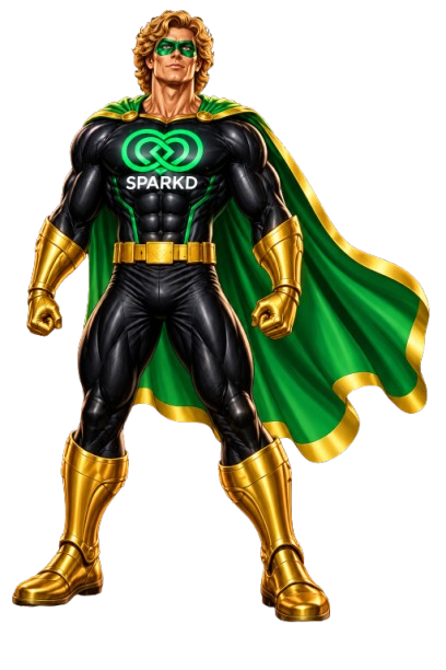 SPARKD Man, the green-caped SPARKD superhero
